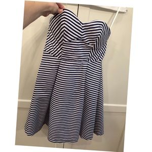 Strapless blue/white striped dress